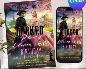 Faire-part de fête d'anniversaire méchant, faire-part de fête méchant, billet de cinéma inspiré méchant, thème Elphaba et Glinda, fête de cinéma, toile modifiable