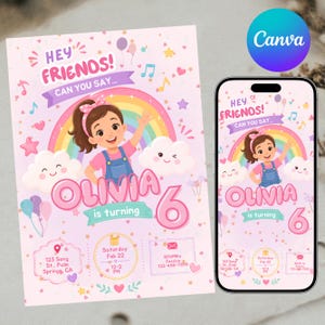 May include: A birthday invitation card and a smartphone screen displaying the same design featuring a cartoon girl, a rainbow, clouds, and the text: HEY FRIENDS! CAN YOU SAY... OLIVIA is turning 6, Saturday Feb 22, 12-2 PM, 123 Song St, Palm Springs, CA.