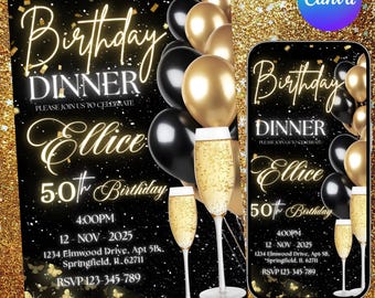 Digital Birthday Dinner Invitation Template, Dinner Party Invitation, Black Gold Invite For Men & Women, Bday Party Invite, Canva Editable