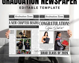 Afstudeerkrantenaankondiging, bewerkbare afstudeersjabloon, afstudeerreis, klas van 2026, afstudeeraankondiging, digitale download, doe-het-zelfcanva