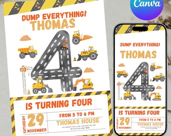 Construction Birthday Invitation, Construction Invitation, Dump Truck Party Invite, 4th Birthday Invite, Excavator Bday, Canva Editable