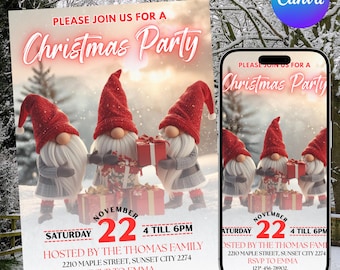 Christmas Party Invitation, Christmas Gnome Invitation, Santa & Reindeer Holiday, Xmas Celebration Invite, Instant Download, Canva Editable