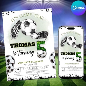 Soccer Birthday Invitation, Football Invite, Kids Soccer Invite, Instant Download, Let's Kick it Soccer Invite, Kids Bday, Canva Editable