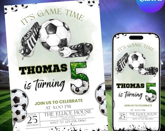 Soccer Birthday Invitation, Football Invite, Kids Soccer Invite, Instant Download, Let's Kick it Soccer Invite, Kids Bday, Canva Editable