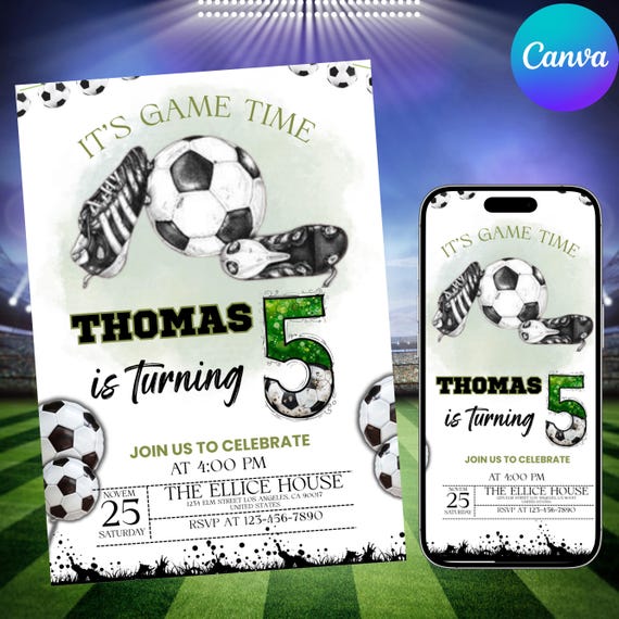 Soccer Birthday Invitation, Football Invite, Kids Soccer Invite, Instant Download, Let's Kick it Soccer Invite, Kids Bday, Canva Editable