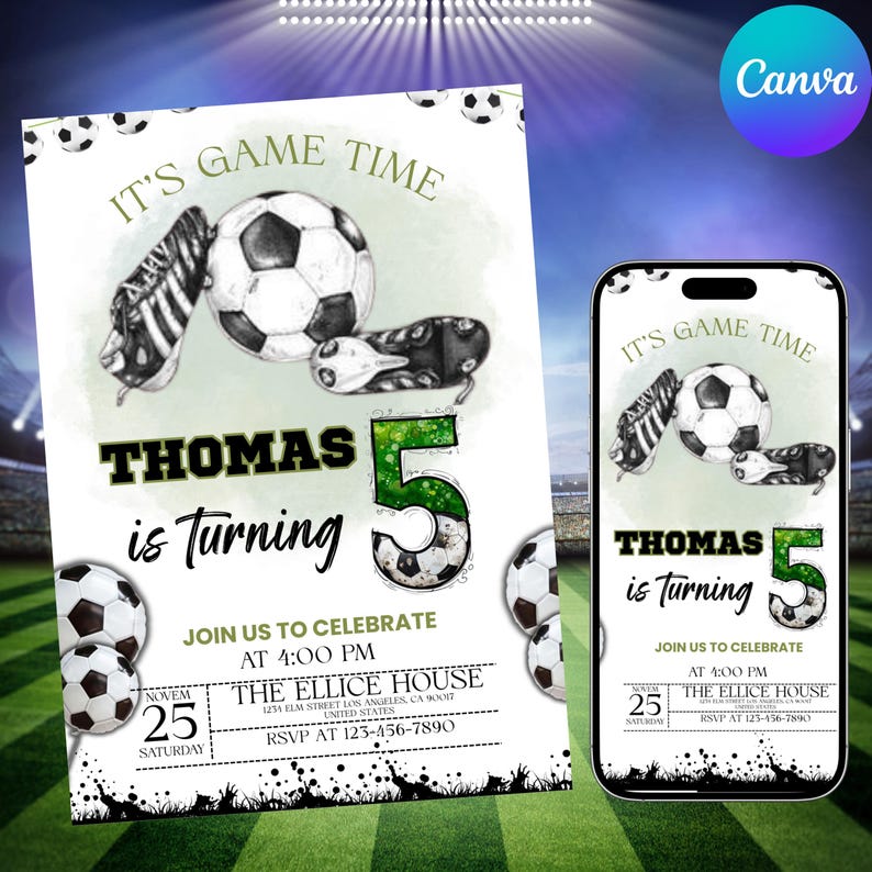 Soccer Birthday Invitation, Football Invite, Kids Soccer Invite, Instant Download, Let's Kick it Soccer Invite, Kids Bday, Canva Editable
