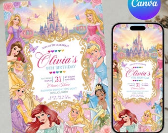 Princess Birthday Invitation Card, Four-ever A Princess Invitation, Princess Royal Theme Bday Party Invite, Instant Download, Canva Editable