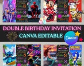 Editable Sibling Birthday Invitation, Double Birthday Invite, Dual Combined Twins, Boy and Girl Double Invite, Bday Invite, Canva Template