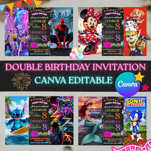 Bearbeitbare Geschwister-Geburtstagseinladung, Doppel-Geburtstags-Einladung, Dual kombinierte Zwillinge, Junge und Mädchen Doppel-Einladung, Bday einladen, Canva-Vorlage