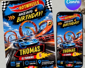 Editable Hot Cars Birthday Invitation, Hot Cars Lets Race Birthday Party Invitation, Boys Birthday Card, Instant Digital Download, DIY Canva