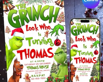 May include: A Grinch-themed birthday party invitation with the text "The Grinch Look Who Is Turning Thomas". The invitation includes illustrations of the Grinch, Max, and Christmas decorations. A smartphone displays the same design.