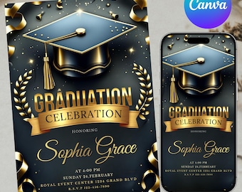 Uitnodiging afstudeerfeestje, aankondiging afstudeeruitnodiging, klasse van 2026 uitnodigen, digitale download, afdrukbare kaart, Canva bewerkbaar