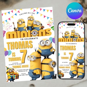 Può includere: Un invito per una festa di compleanno con i personaggi dei Minions. L'invito include il testo "Calling all the Minions to celebrate Thomas is turning 7". Il design include palloncini e coriandoli colorati.