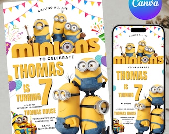 Minions Birthday Invitation Template, Yellow Crew Bday Invite, Kids Party Invite, Printable Birthday Invite, Digital Download,Canva Editable