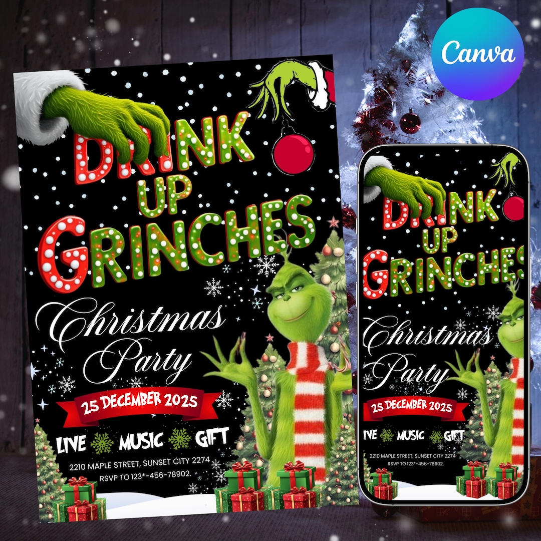 Drink up Grinch Invitation, Christmas Party Invitation, Editable ...