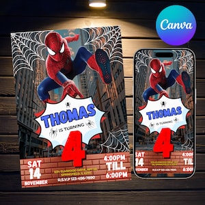 May include: A Spiderman-themed birthday invitation and phone wallpaper. The invitation features Spiderman in a dynamic pose against a city backdrop, with the name "Thomas" and the number "4" prominently displayed. The phone wallpaper mirrors the invitation design.
