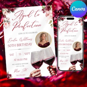Invitación de cumpleaños con vino, invitación floral para fiesta en bodega, invitación para fiesta de cumpleaños, plantilla de celebración en bodega, editable en Canva