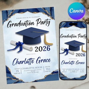 Invitación a fiesta de graduación, Anuncio de invitación de graduación azul, Invitación de la clase de 2026, Descarga digital, Tarjeta imprimible, Editable en Canva