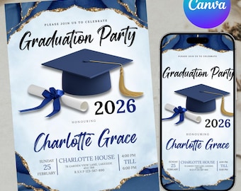 Uitnodiging afstuderen, blauwe aankondiging afstuderen uitnodiging, klasse van 2026 uitnodigen, digitale download, afdrukbare kaart, Canva bewerkbaar
