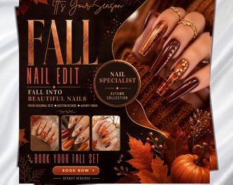 Fall Season Nail Sale Flyer, September Booking Flyer, Beauty Salon Appointments, Book Now, Autumn Nail Flyer, Hair Lash Nail, Canva Editable