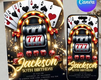 Faire-part d'anniversaire casino, Faire-part d'anniversaire modifiable sur le thème du casino, Fête d'anniversaire de fiançailles au poker au casino, Faire-part de casino, Toile à faire soi-même