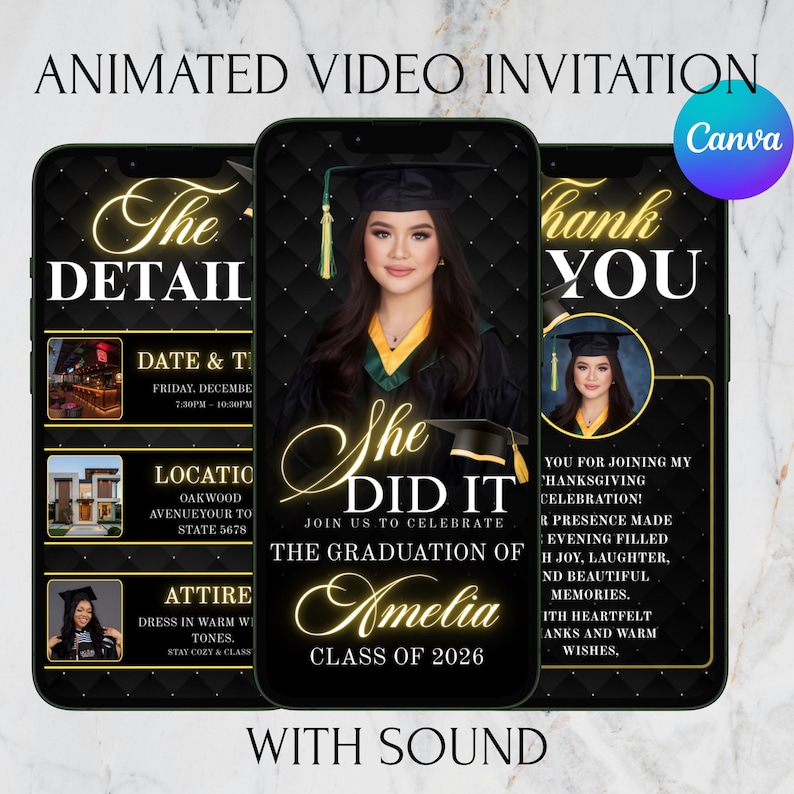 Digital Graduation Invitation With Sound, Graduation Party Invite, Congrats to the Grad Flyer, Class Of 2026 Evite, Grad Announce, DIY Canva