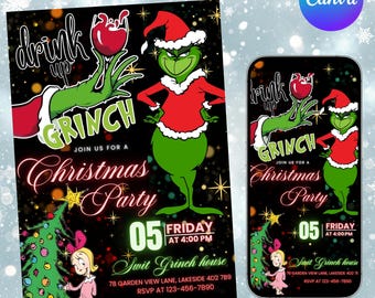 Drink up Grinch Invitation, Christmas Party Invitation, Editable Grinchmas Party Invite, Merry Grinchmas Party, Digital Download, DIY Canva