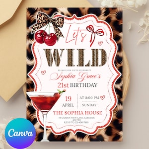 Cheetah Print Birthday Invitation Template, Neon Red Cherries Leopard Bday Party Invite, Glam Girls Night Out, Bachelorette, Canva Editable