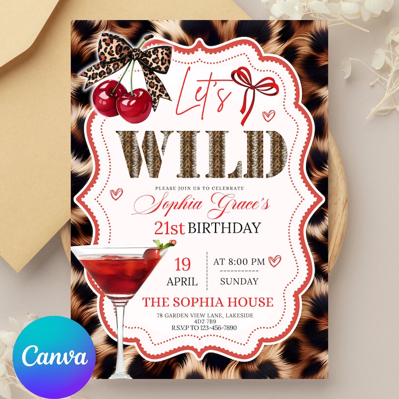 Cheetah Print Birthday Invitation Template, Neon Red Cherries Leopard Bday Party Invite, Glam Girls Night Out, Bachelorette, Canva Editable