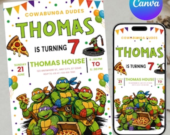 Ninja Turtles Birthday Invitation, Karate Turtle Bday Invite, Cowabunga Party Invite, Ninja Invitation, Canva Editable, Instant Download