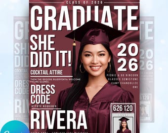 Graduation Magazine Cover, Graduate Flyer, Graduation Party Invitation, Graduation Event, Class of 2026, Senior Grad Announce, DIY Canva