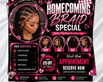 Homecoming Booking Flyer, Braids Flyer, Appointment Flyer, Hairs Homecoming Flyer, Flash Sale Flyer, Hoco Szn Flyer, wig, Canva Editable