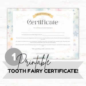 Certificat de fée des dents pour enfants imprimable, 1 page, prix de la dent perdue, téléchargement immédiat au format PDF, note de fée numérique pour garçons et filles, impression pour enfants