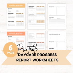 May include: Six printable daycare progress report worksheets. Each worksheet includes sections for child information, language development, social emotional development, physical development, cognitive development, health and nutrition, teacher observations, goals for the next period, and parental feedback.