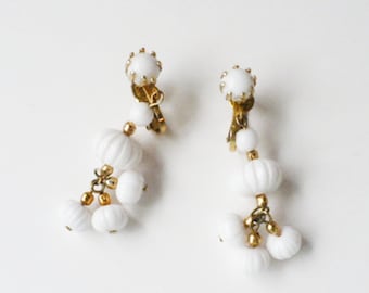 White Dangle Beaded Earrings, Clip-ons, Vintage Costume Jewelry, Hong Kong, 1950s