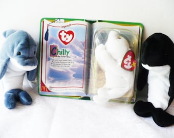 Vintage Ty Beanie Babies Set: Whale, Dolphin, Polar Bear - New in Box