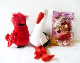 Bird Stuffed Animals, Cardinal, Stork, Rooster,  Rare Ty Beanie Babies, Vintage Toys