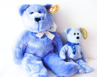 Snowflakes Bear Stuffed Animal and Large Blue Bear by Ty Beanie Babies. Vintage Toys, Rare Collectors Gift