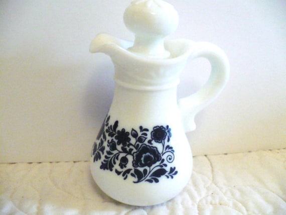 Avon White Pitcher With Spout, Blue Floral Design, Vintage, Old