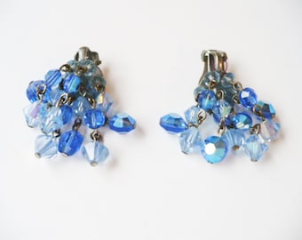 Sapphire Crystal Dangle Beaded Earrings, Aquamarine Clipons, Vintage Jewelry, Cluster Bead Earrings, Gift For Mom