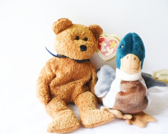 Vintage Fuzz Ty Beanie Baby Bear & Jack Duck Set - Mint Condition
