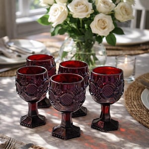 Ruby Wine Goblet Set Vintage Red Glassware Avon Strawberry Teacup Candle Plate Patch Napkin Ring Dinner Party Glass Collection Elegant Table