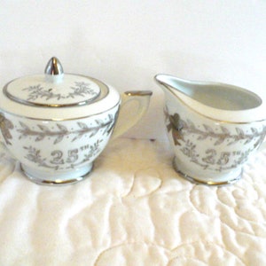 25th Anniversary, Creamer and Sugar Bowl, Milestone Gift, Vintage, Old Fashioned, Silver Wedding Gift, Lefton
