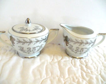 25th Anniversary, Creamer and Sugar Bowl, Milestone Gift, Vintage, Old Fashioned, Silver Wedding Gift, Lefton