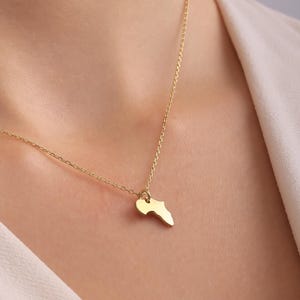 May include: A delicate gold-colored necklace featuring a pendant shaped like the African continent. The pendant hangs from a fine chain, creating a minimalist and elegant design. The necklace is shown against a neutral background, highlighting the jewelry's simple beauty.