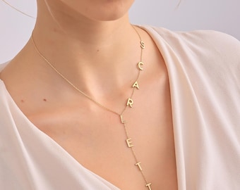 Collier prénom en or 14 carats | Collier en Y | Collier prénom délicat | Collier en Y | Collier prénom personnalisé Lariat | Pendentif initiale latérale