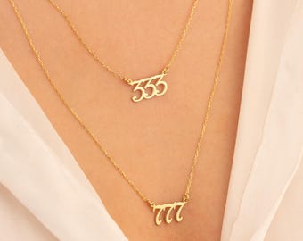 14 kt gouden ketting met engelnummers | Sierlijke aangepaste geluksgetalhanger
