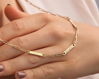 14K Gold Paperclip Necklace | Multiple Name Bar | Multi Name Necklace | Dainty Name Necklace | Family Name Necklace | Custom Gold Nameplate