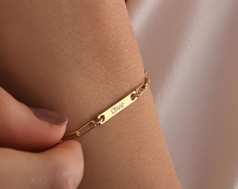Bracelet barre nom gravé en or 14 carats | Chaîne de trombone