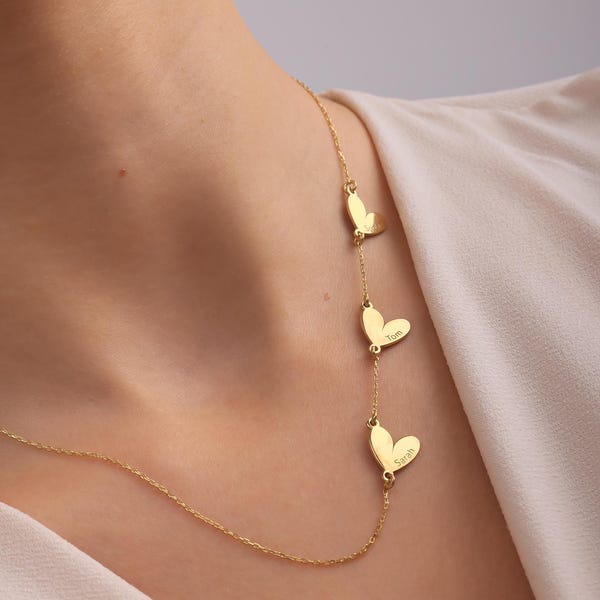 14K Gold Multiple Heart Name Necklace | Gold Multi Name Pendant | Custom Three Name Necklace| Dainty Script Nameplate | Valentine's Day Gift